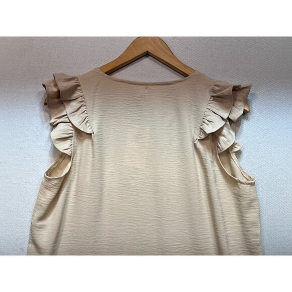 Doublju Women's V Neck Top Ruffled Short Sleeve Stretch Size L Beige Lightweight - Picture 12 of 13